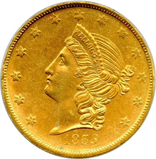1854 Kellogg $20 Coin (AU53)